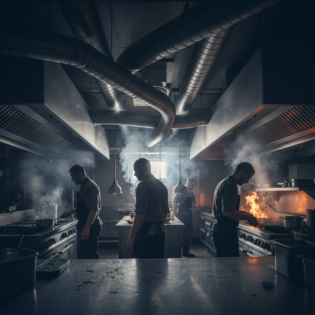 Chefs in a dark kitchen with dramatic lighting and extraction systems.