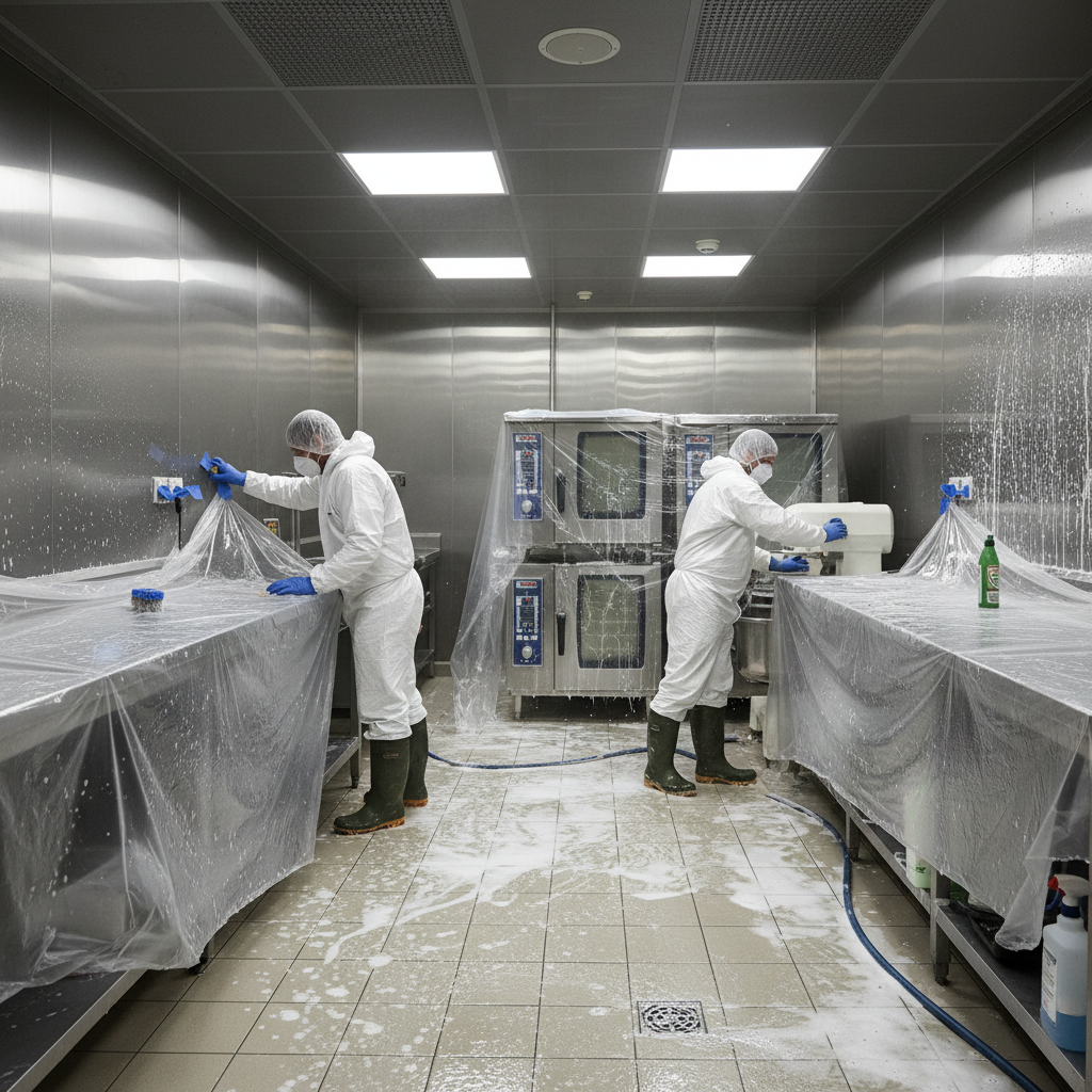 Technicians prepare kitchen surfaces for chemical cleaning.