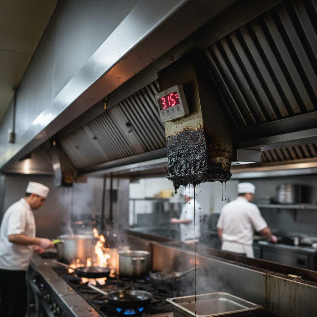 Commercial kitchen with greasy extraction surfaces and a 315°C thermometer.