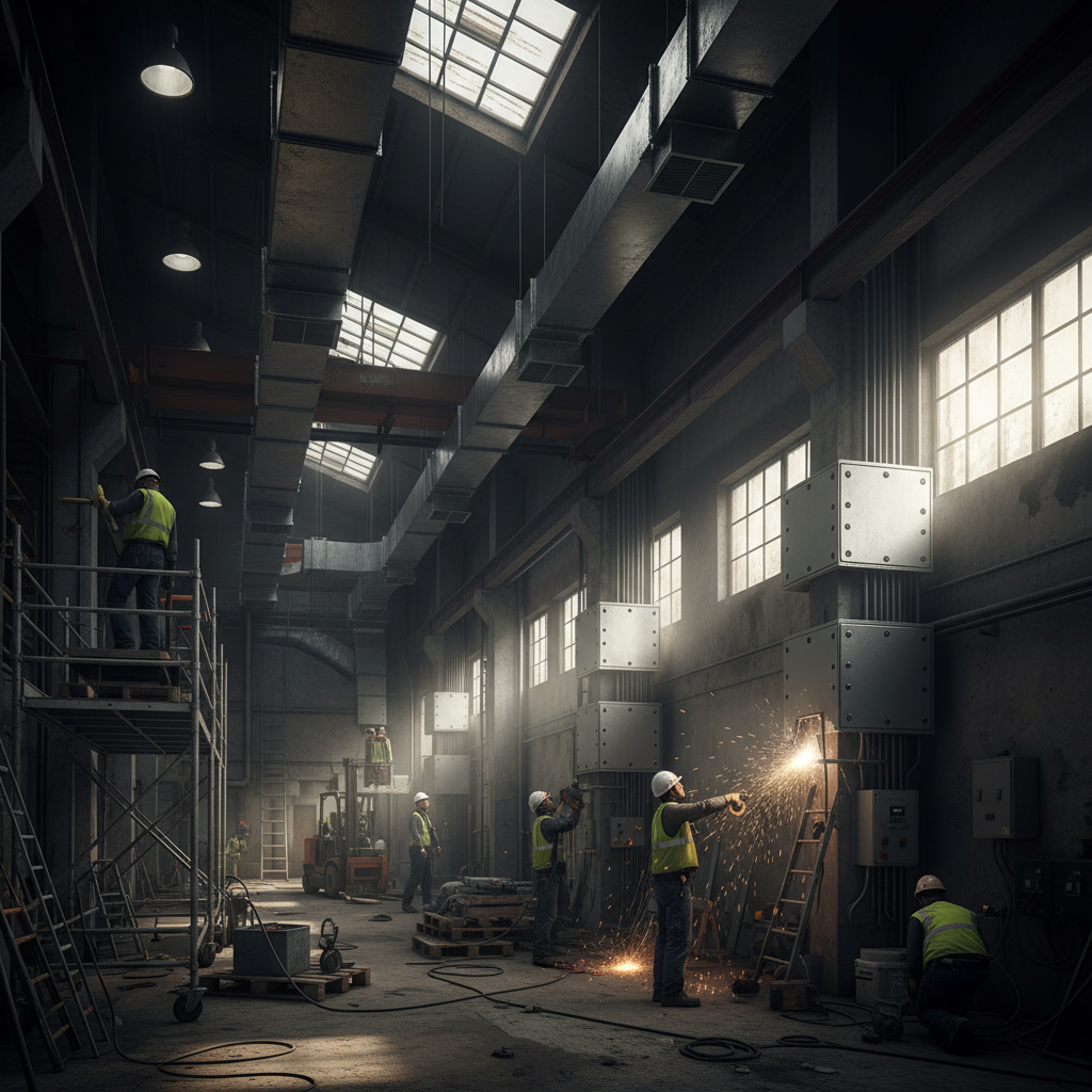 Workers installing ventilation in an industrial unit conversion for a kitchen.