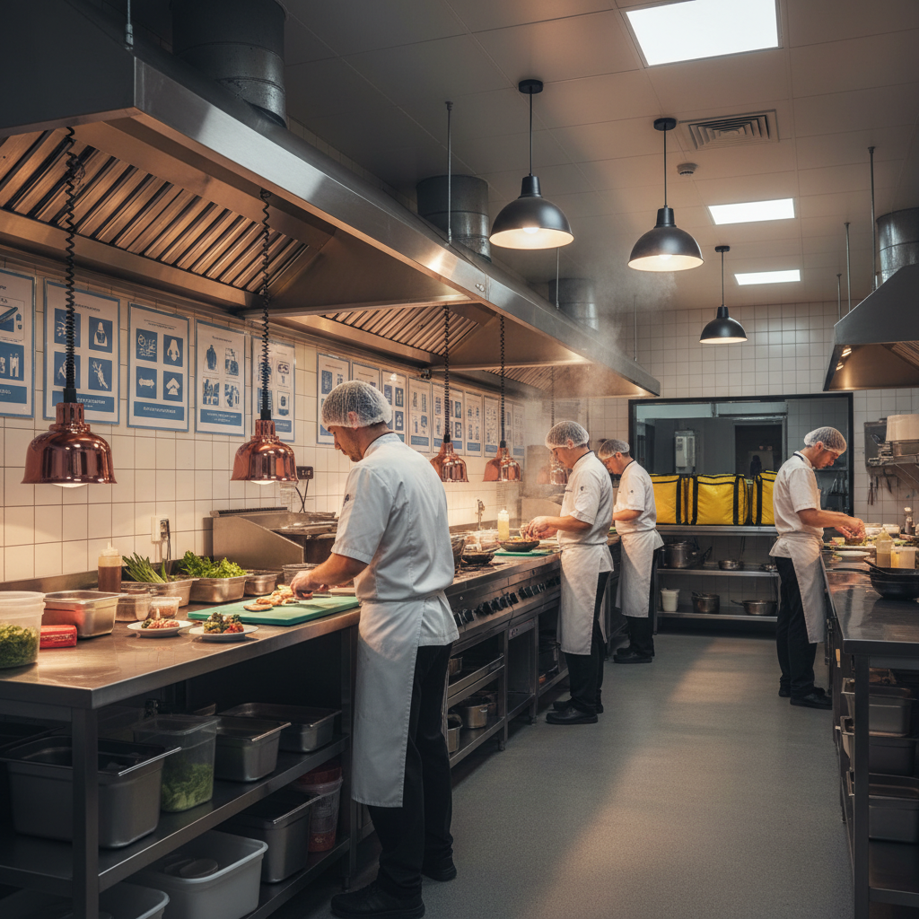 Dark kitchen with chefs preparing food, no seating, visible extraction systems.