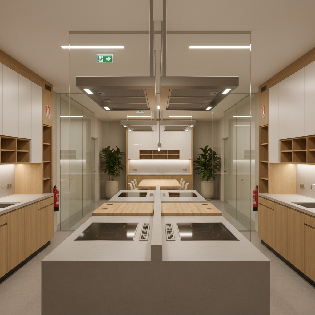 Shared kitchen area with fire safety compliance signage in a multi-tenant building.