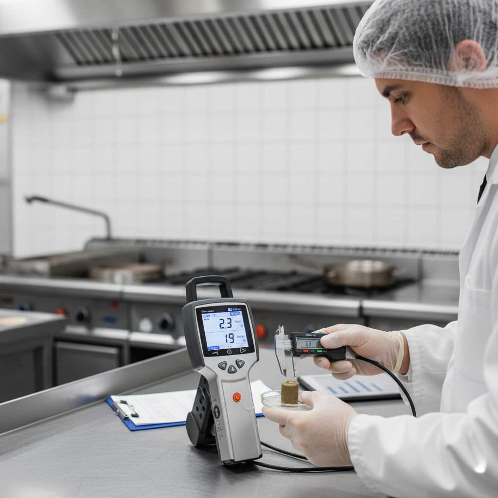 Technician analyzing grease thickness with compliance instruments in kitchen.